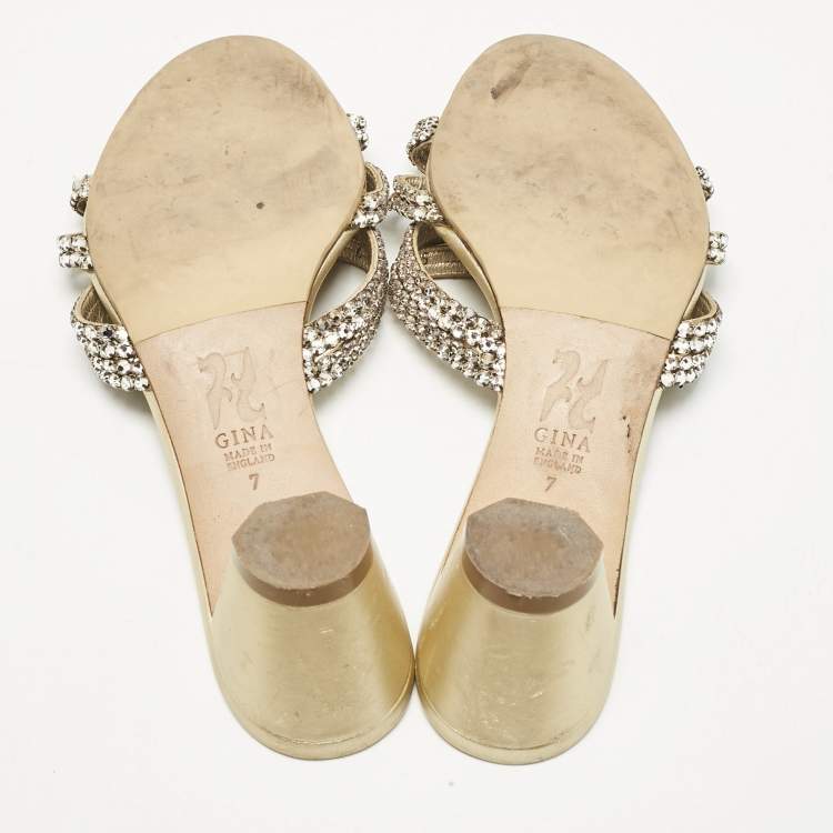 Pre Owned Gina Gold Leather Crystal Embellished Slide Sandals Size 40
