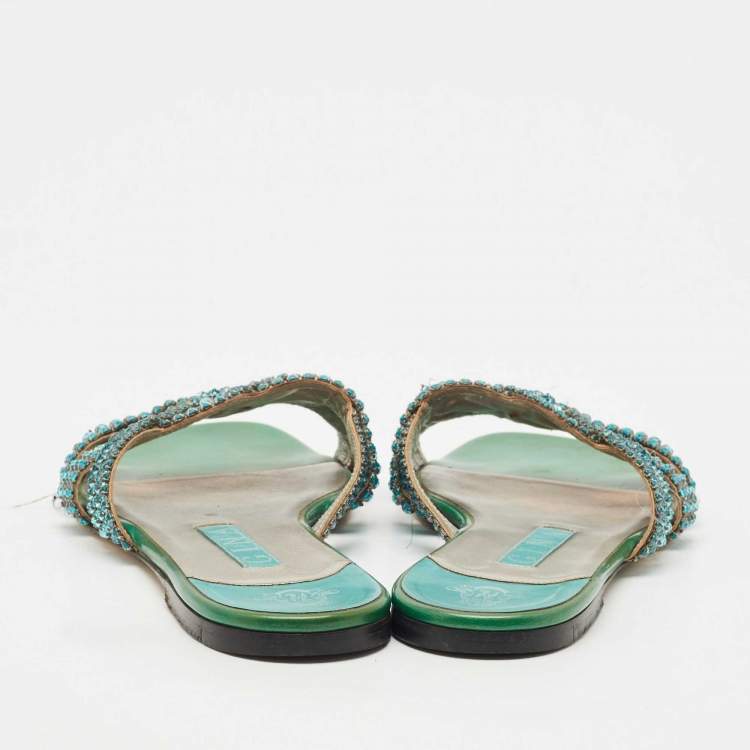 Pre Owned Gina Green Crystals and Leather Slide Sandals Size 38