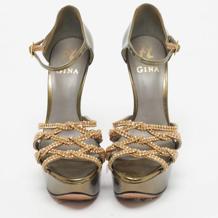 Pre Owned Gina Green Patent Leather Crystal Embellished Ankle Strap Platform Sandals Size 38