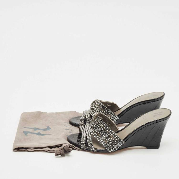 Pre Owned Gina Grey Crystal Embellished Leather Syracuse Wedge Sandals Size 38.5