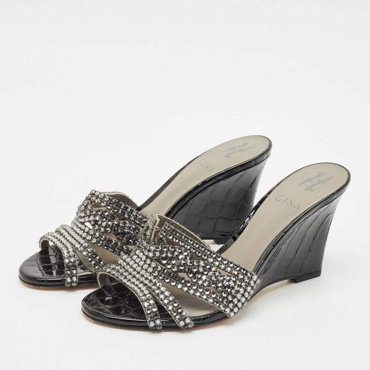 Pre Owned Gina Grey Crystal Embellished Leather Syracuse Wedge Sandals Size 38.5