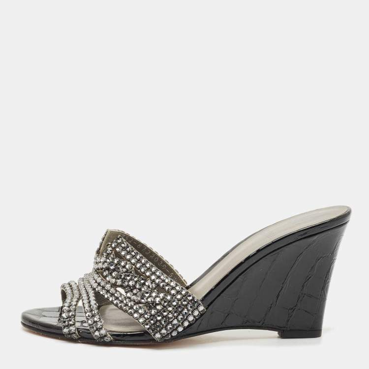 Pre Owned Gina Grey Crystal Embellished Leather Syracuse Wedge Sandals Size 38.5