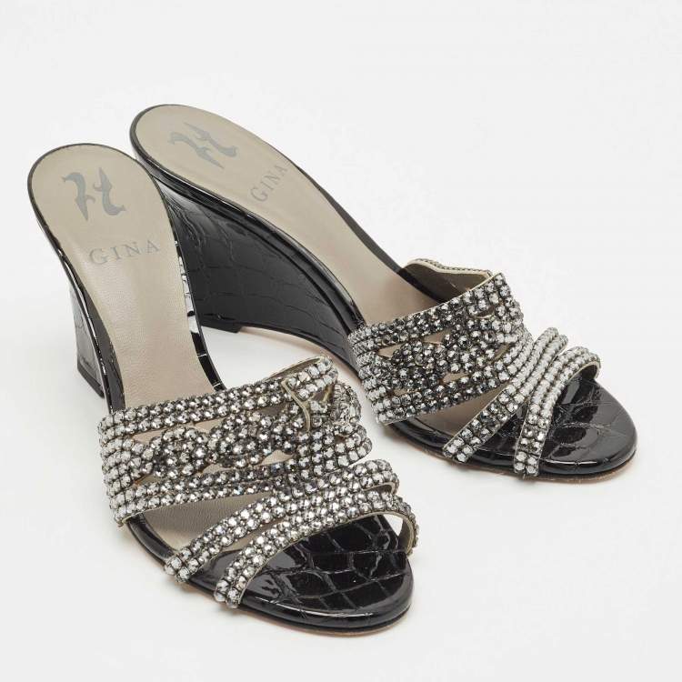 Pre Owned Gina Grey Crystal Embellished Leather Syracuse Wedge Sandals Size 38.5