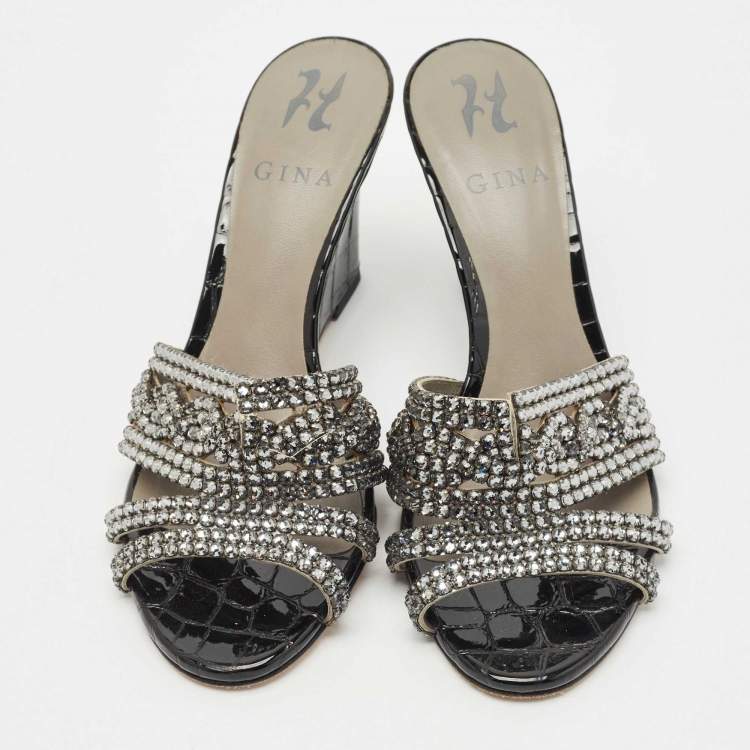 Pre Owned Gina Grey Crystal Embellished Leather Syracuse Wedge Sandals Size 38.5