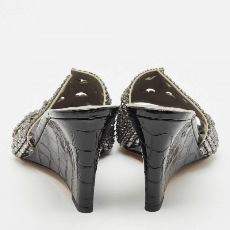 Pre Owned Gina Grey Crystal Embellished Leather Syracuse Wedge Sandals Size 38.5