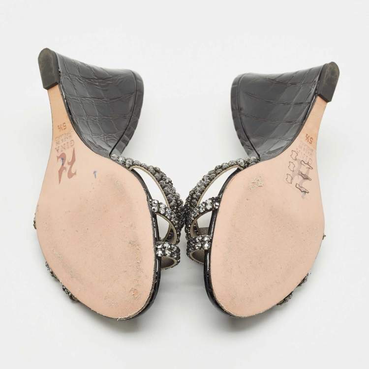 Pre Owned Gina Grey Crystal Embellished Leather Syracuse Wedge Sandals Size 38.5