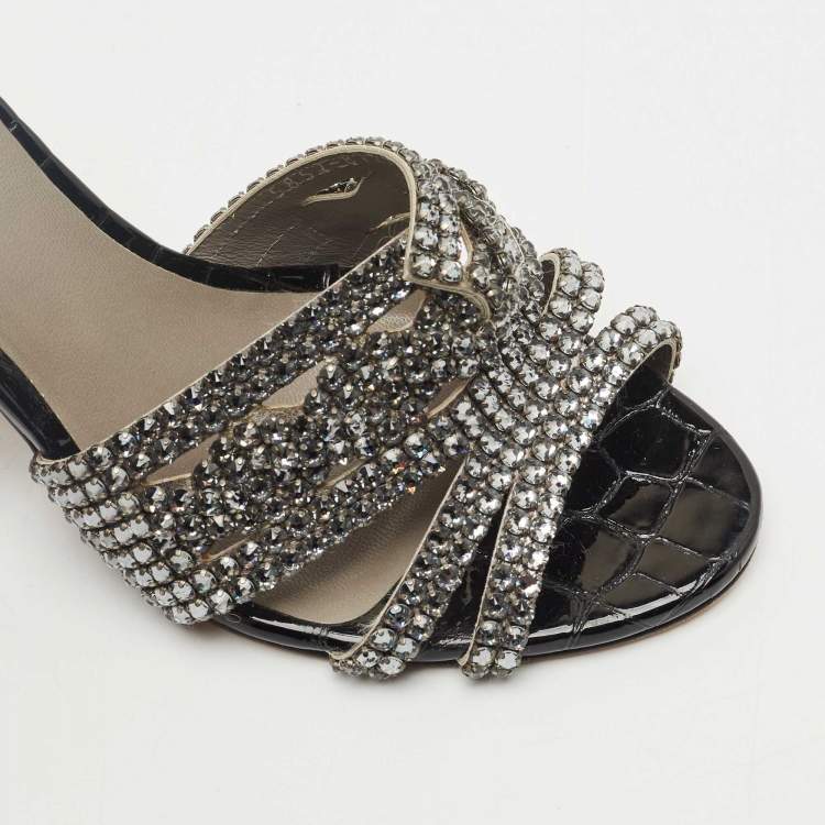 Pre Owned Gina Grey Crystal Embellished Leather Syracuse Wedge Sandals Size 38.5
