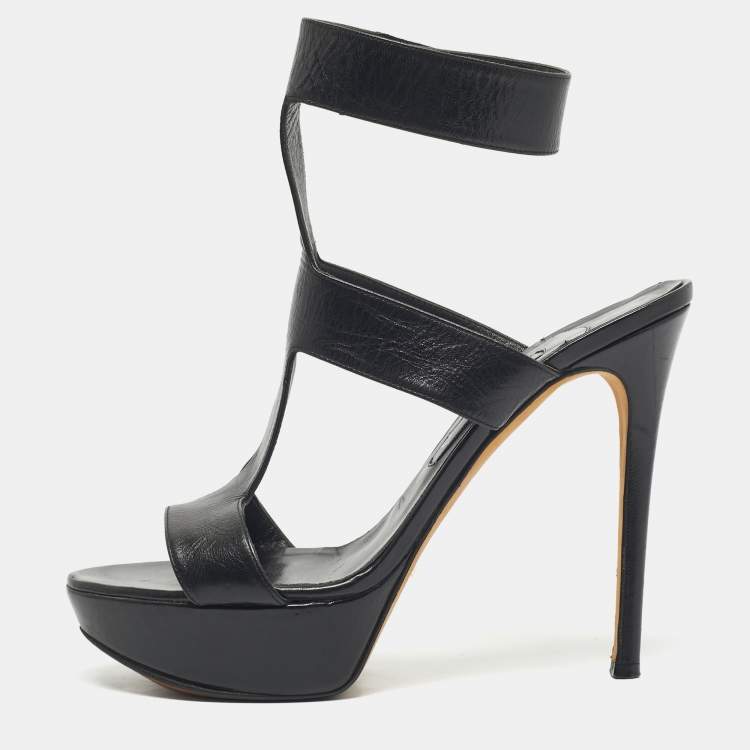 Pre Owned Gina Black Leather Platform Ankle Strap Sandals Size 40