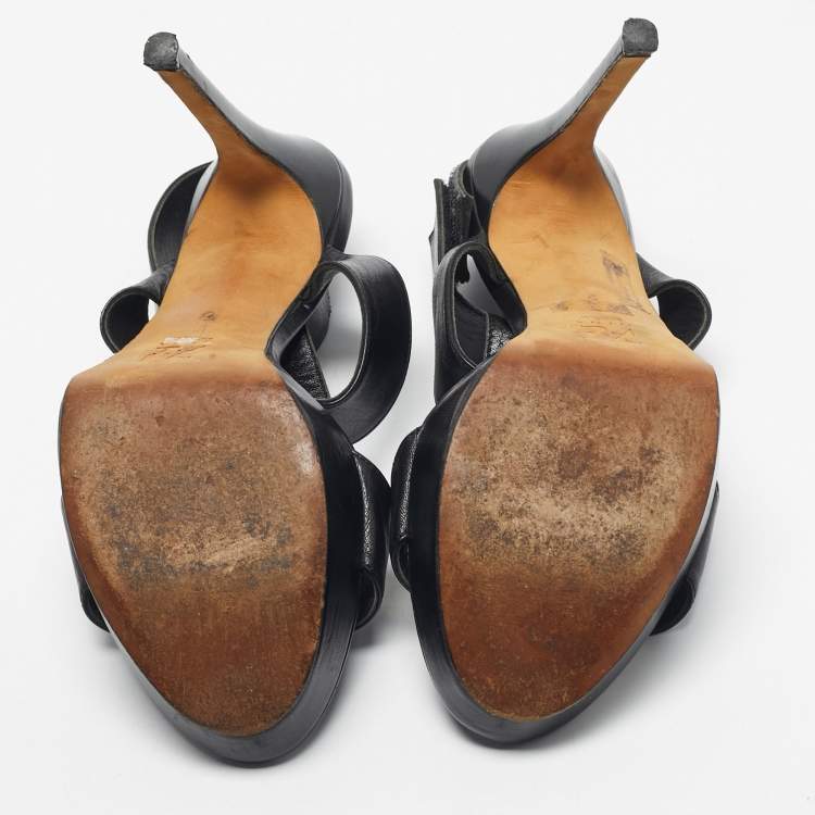 Pre Owned Gina Black Leather Platform Ankle Strap Sandals Size 40