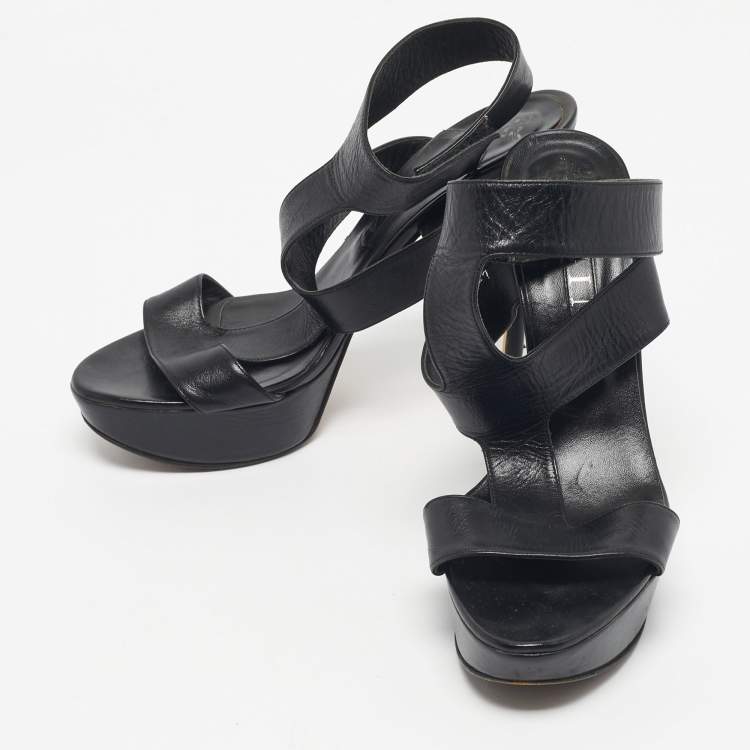 Pre Owned Gina Black Leather Platform Ankle Strap Sandals Size 40