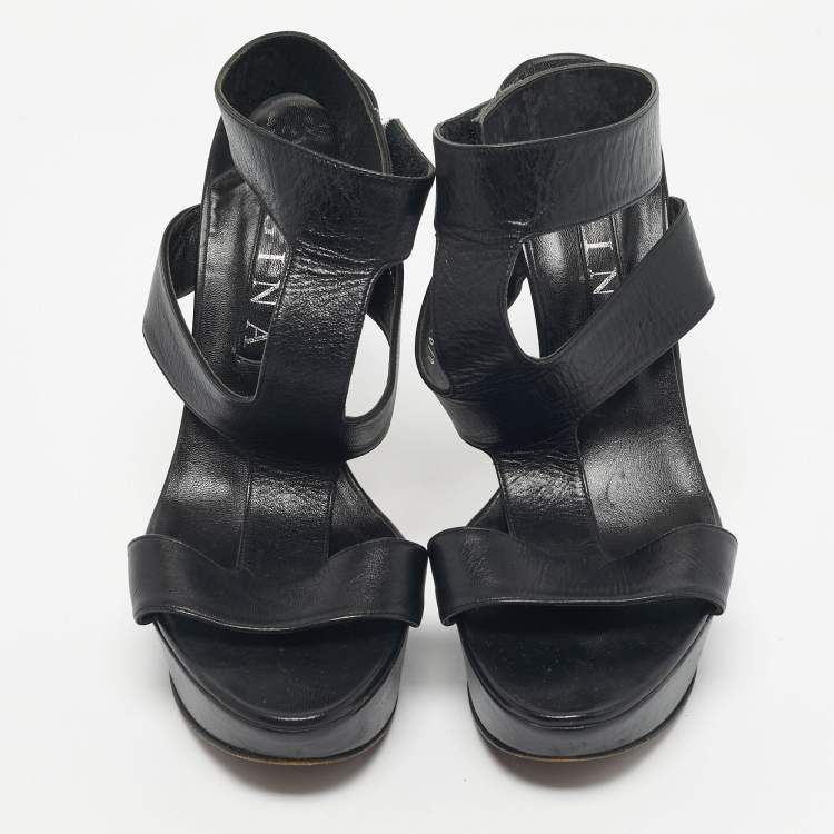 Pre Owned Gina Black Leather Platform Ankle Strap Sandals Size 40
