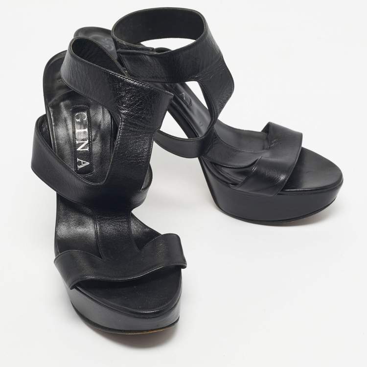 Pre Owned Gina Black Leather Platform Ankle Strap Sandals Size 40