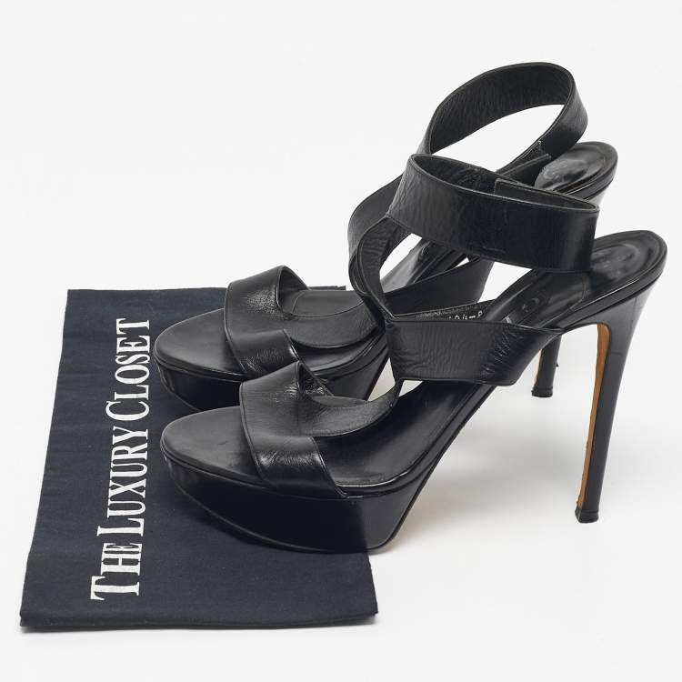 Pre Owned Gina Black Leather Platform Ankle Strap Sandals Size 40