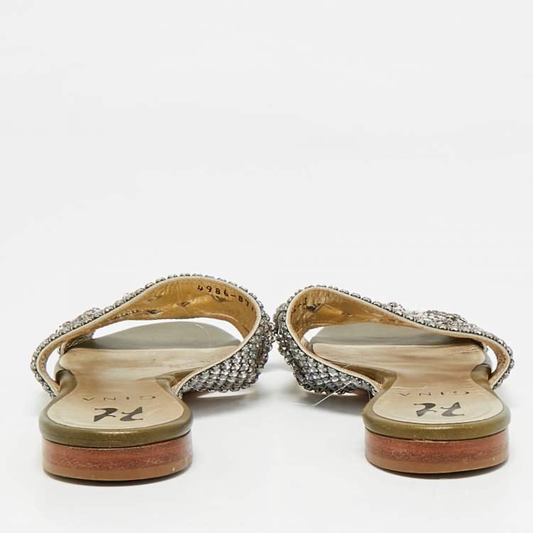 Pre Owned Gina Silver Crystal Embellished Leather Flat Slides Size 36