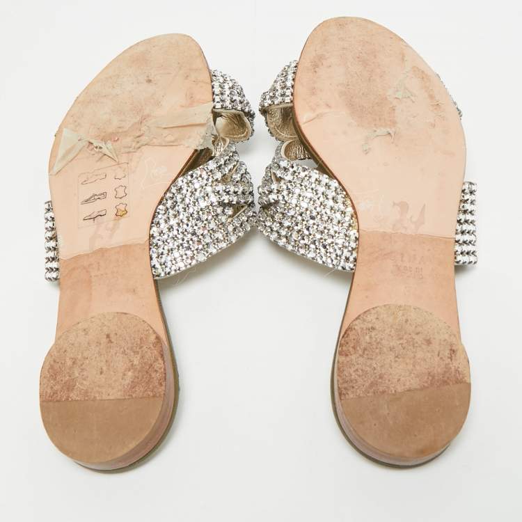 Pre Owned Gina Silver Crystal Embellished Leather Flat Slides Size 36
