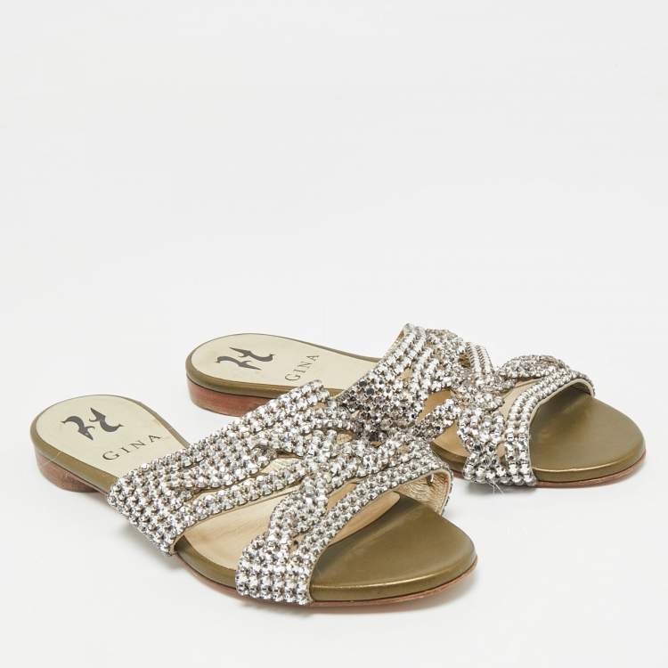 Pre Owned Gina Silver Crystal Embellished Leather Flat Slides Size 36