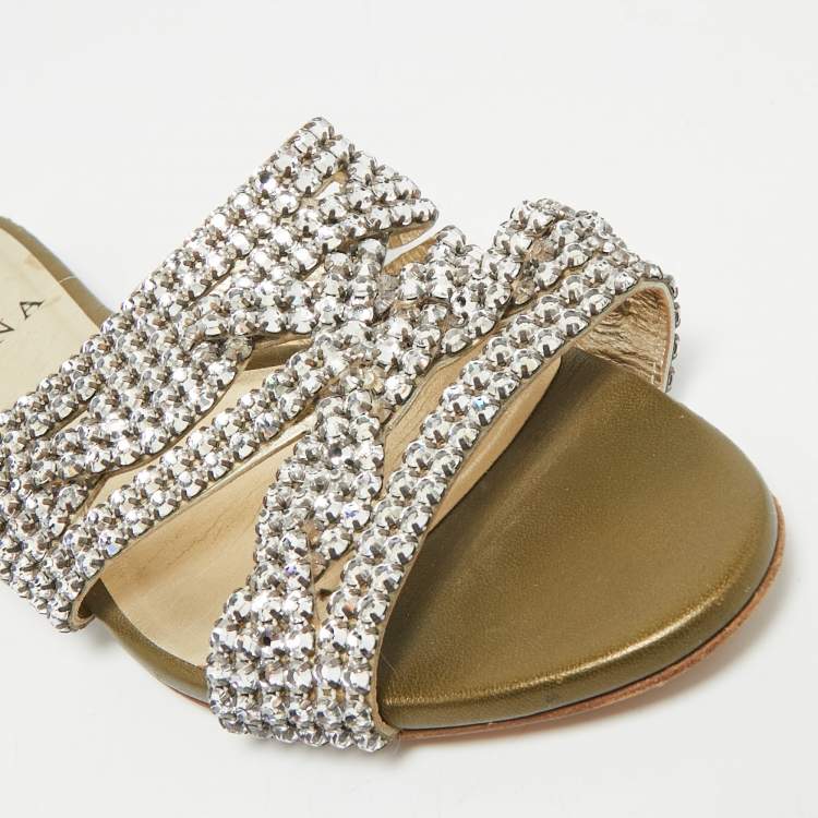 Pre Owned Gina Silver Crystal Embellished Leather Flat Slides Size 36