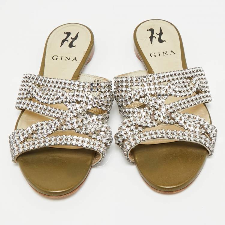 Pre Owned Gina Silver Crystal Embellished Leather Flat Slides Size 36