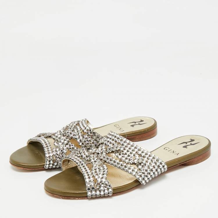 Pre Owned Gina Silver Crystal Embellished Leather Flat Slides Size 36