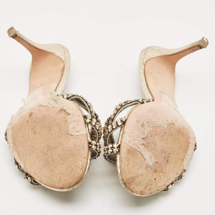 Pre Owned Gina Gold Croc Embossed Leather Crystals Embellished Slide Sandals Size 37