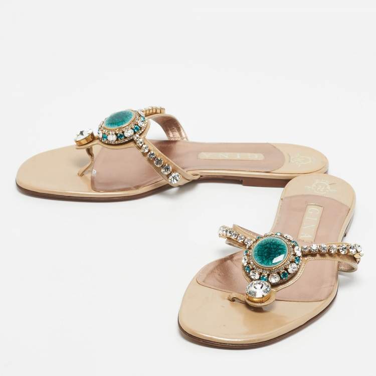 Pre Owned Gina Beige Patent Crystal Embellished Thong Slide Sandals Size 41