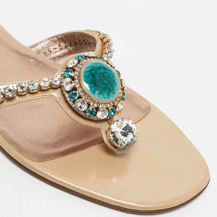 Pre Owned Gina Beige Patent Crystal Embellished Thong Slide Sandals Size 41