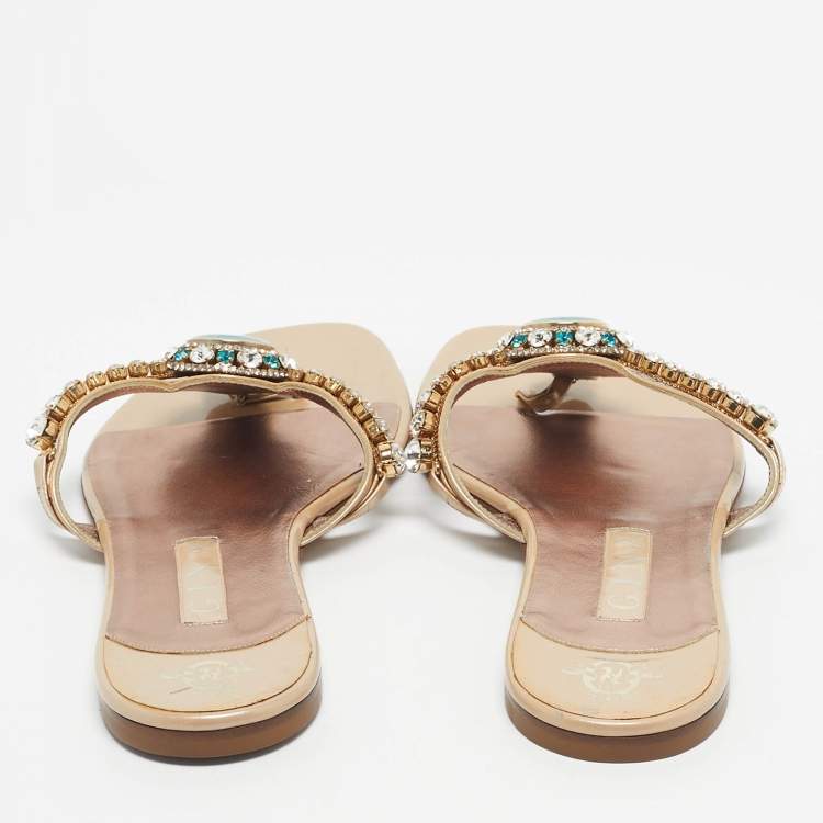 Pre Owned Gina Beige Patent Crystal Embellished Thong Slide Sandals Size 41