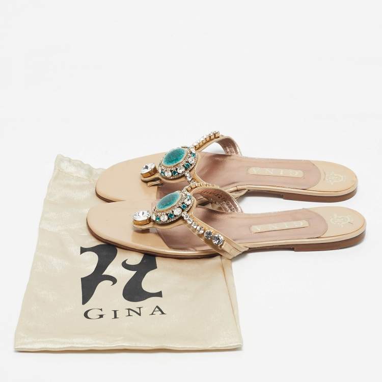 Pre Owned Gina Beige Patent Crystal Embellished Thong Slide Sandals Size 41