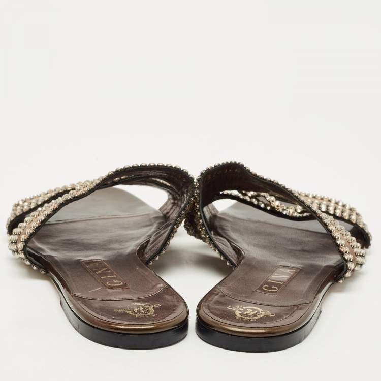 Pre Owned Gina Brown Leather Crystal Embellished Flat Slides Size 41