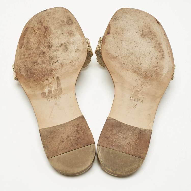 Pre Owned Gina Metallic Gold Leather Crystal Embellished Flat Sandals Size 37