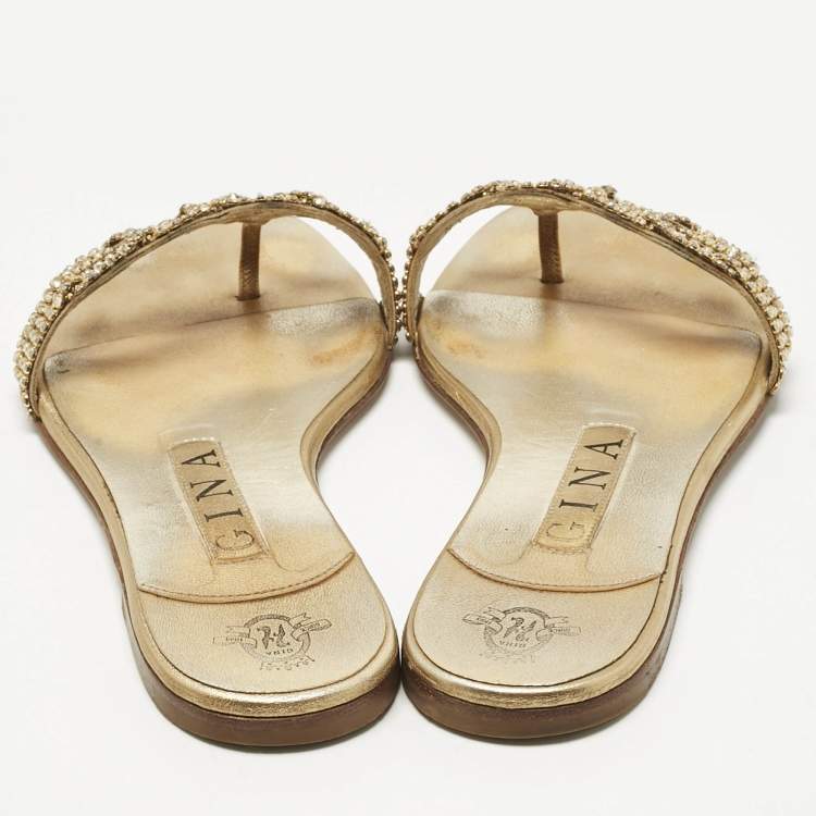 Pre Owned Gina Metallic Gold Leather Crystal Embellished Flat Sandals Size 37