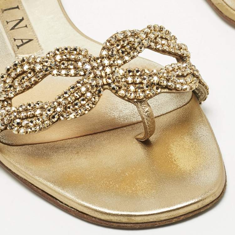 Pre Owned Gina Metallic Gold Leather Crystal Embellished Flat Sandals Size 37