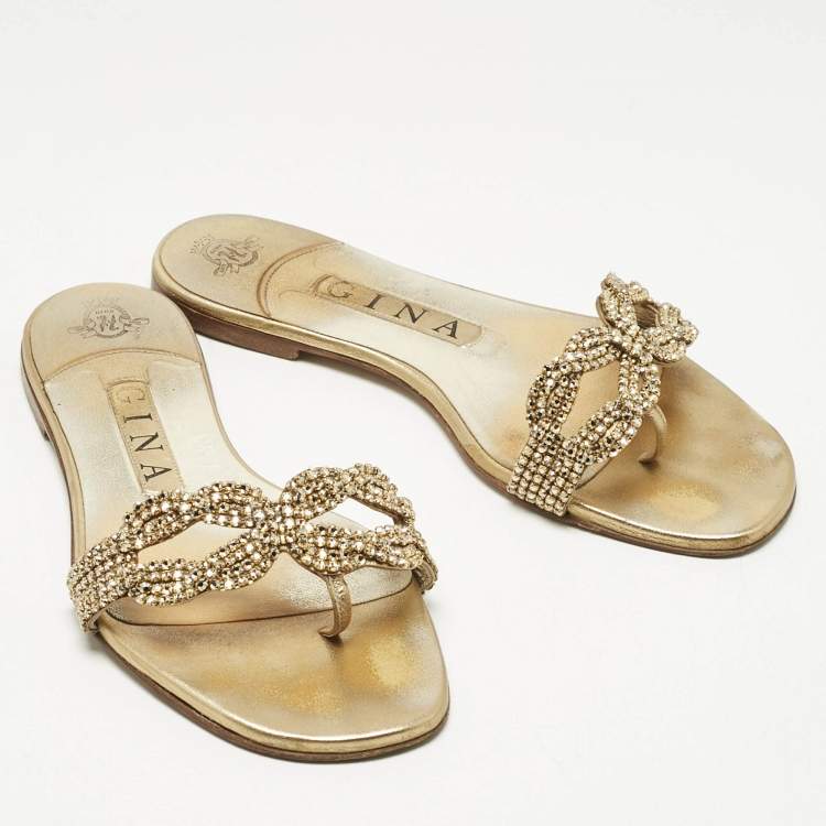 Pre Owned Gina Metallic Gold Leather Crystal Embellished Flat Sandals Size 37
