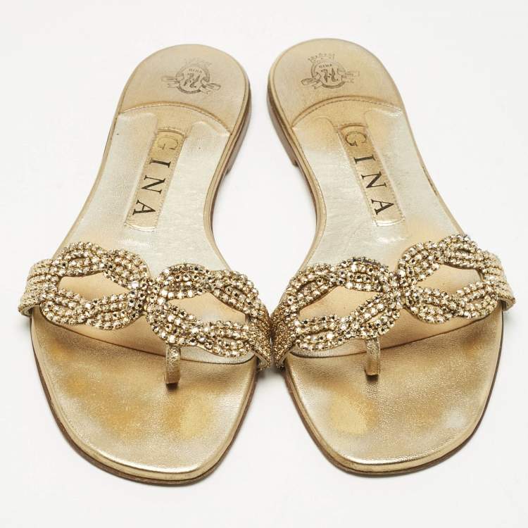 Pre Owned Gina Metallic Gold Leather Crystal Embellished Flat Sandals Size 37