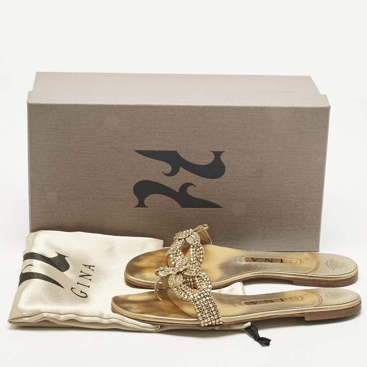 Pre Owned Gina Metallic Gold Leather Crystal Embellished Flat Sandals Size 37