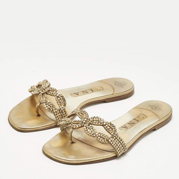 Pre Owned Gina Metallic Gold Leather Crystal Embellished Flat Sandals Size 37