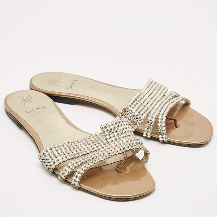 Pre Owned Gina Gold Leather Crystal Embellished Loren Flat Slides Size 41