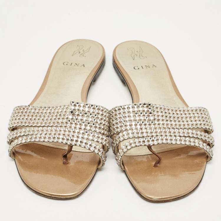 Pre Owned Gina Gold Leather Crystal Embellished Loren Flat Slides Size 41