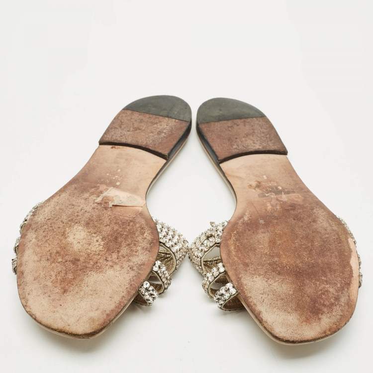Pre Owned Gina Gold Leather Crystal Embellished Loren Flat Slides Size 41