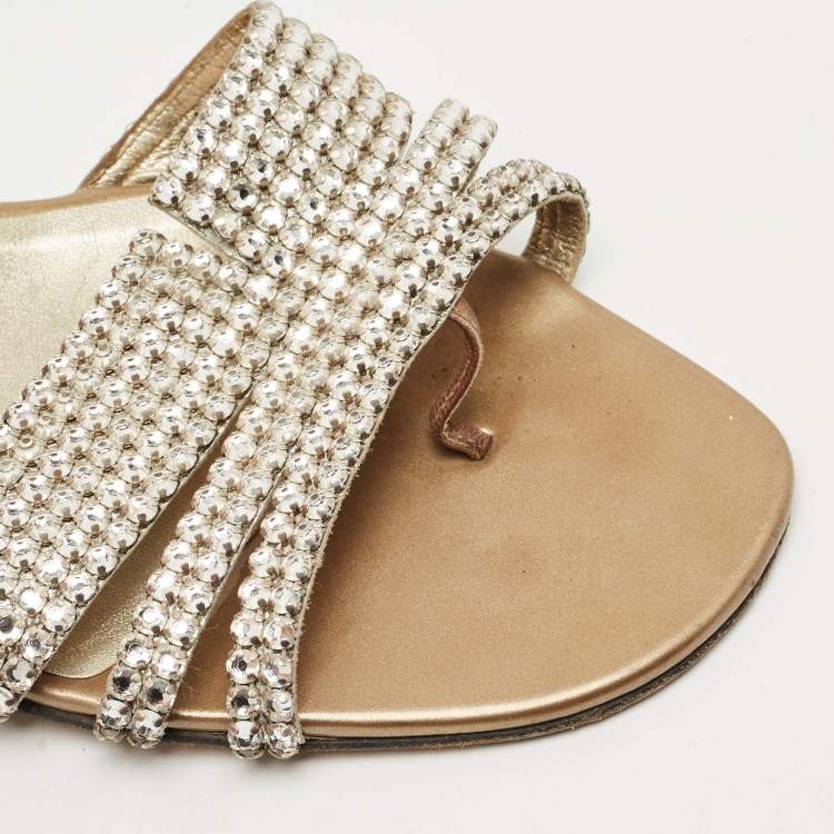 Pre Owned Gina Gold Leather Crystal Embellished Loren Flat Slides Size 41