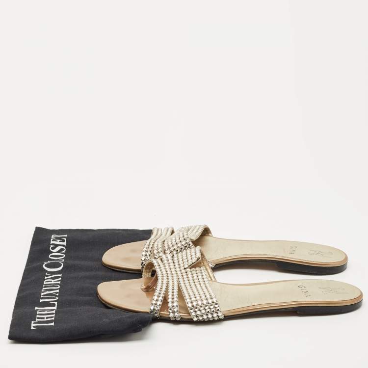 Pre Owned Gina Gold Leather Crystal Embellished Loren Flat Slides Size 41