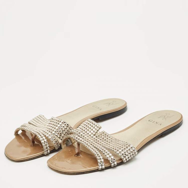 Pre Owned Gina Gold Leather Crystal Embellished Loren Flat Slides Size 41