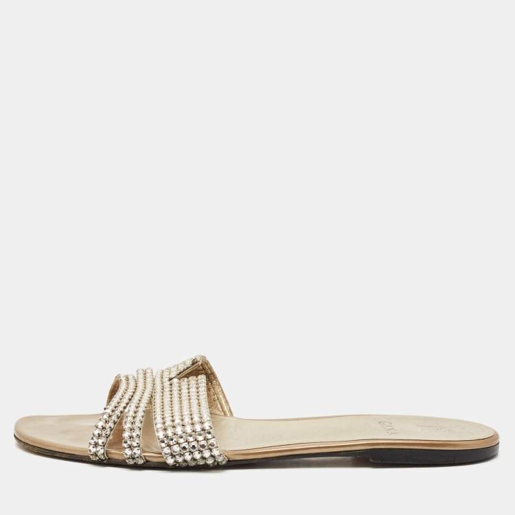 Pre Owned Gina Gold Leather Crystal Embellished Loren Flat Slides Size 41