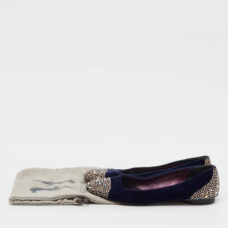 Pre Owned Gina Navy Blue Velvet Crystal Embellished Ballet Flats Size 39