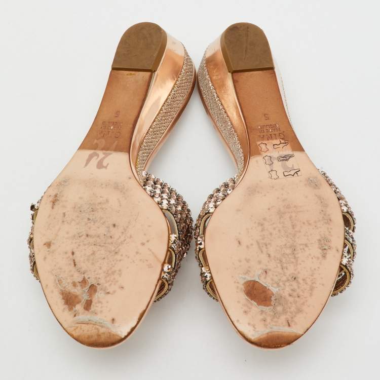 Pre Owned Gina Metallic Leather Crystal Embellished Sandals Size 38