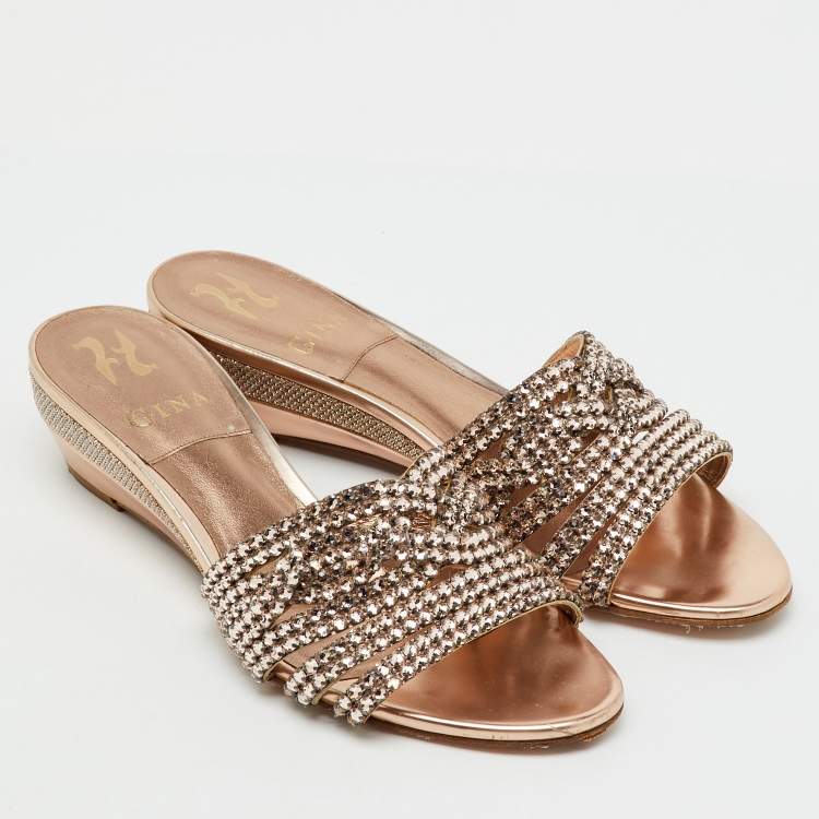 Pre Owned Gina Metallic Leather Crystal Embellished Sandals Size 38