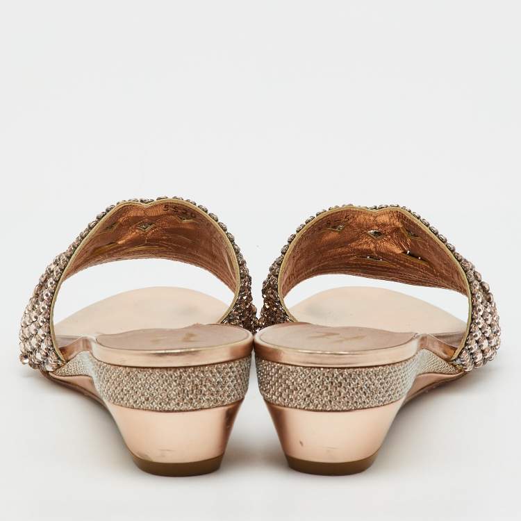 Pre Owned Gina Metallic Leather Crystal Embellished Sandals Size 38
