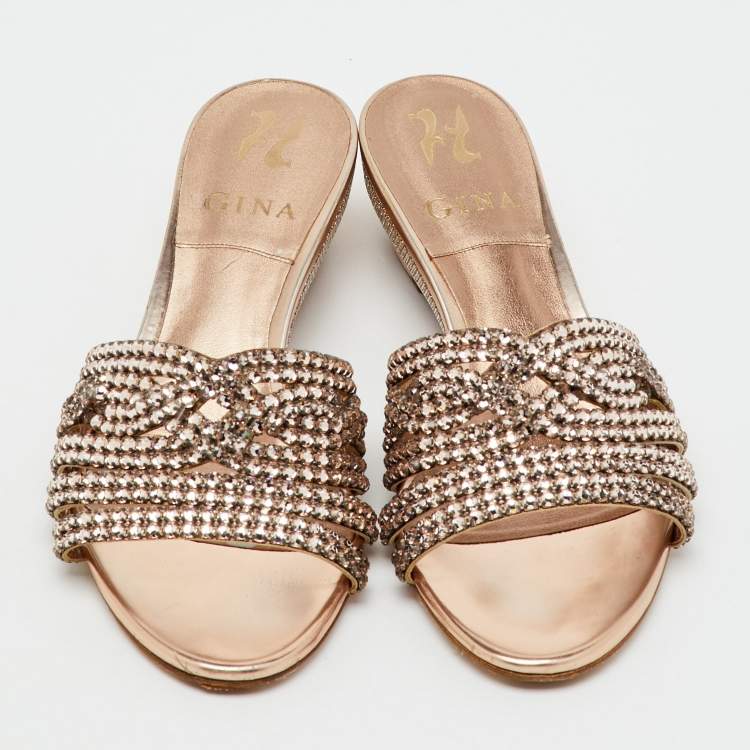 Pre Owned Gina Metallic Leather Crystal Embellished Sandals Size 38
