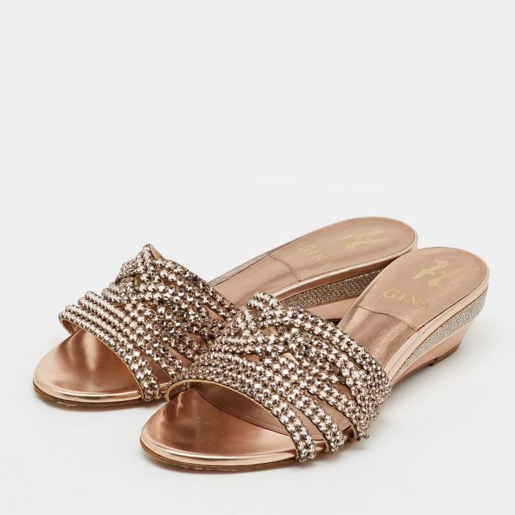 Pre Owned Gina Metallic Leather Crystal Embellished Sandals Size 38