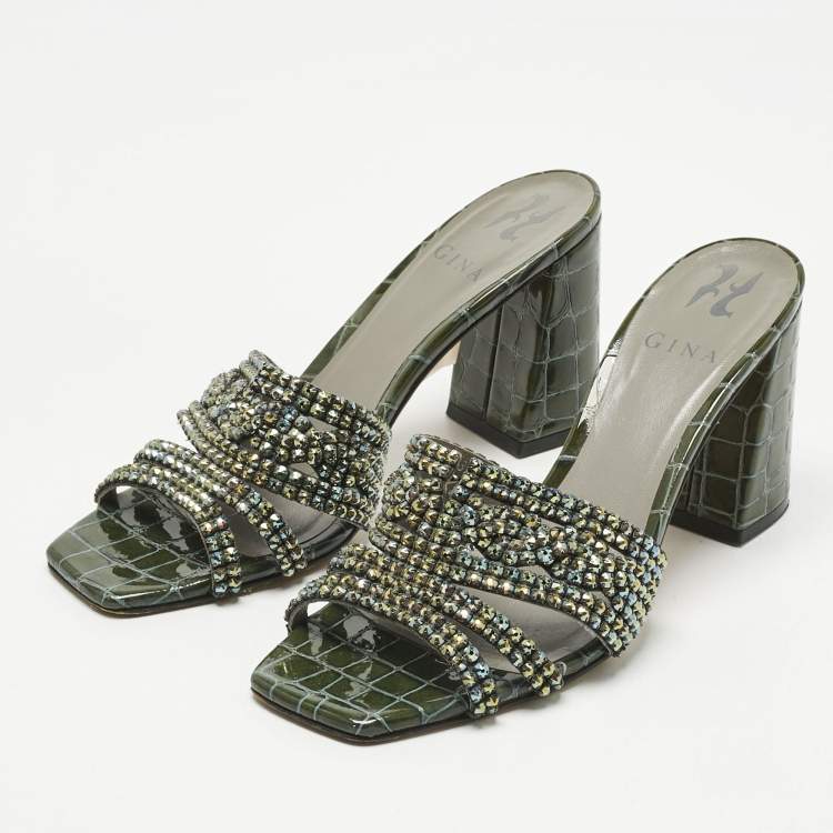 Pre Owned Gina Green Croc Embossed Patent Leather Crystals Embellished Slide Sandals Size 38.5